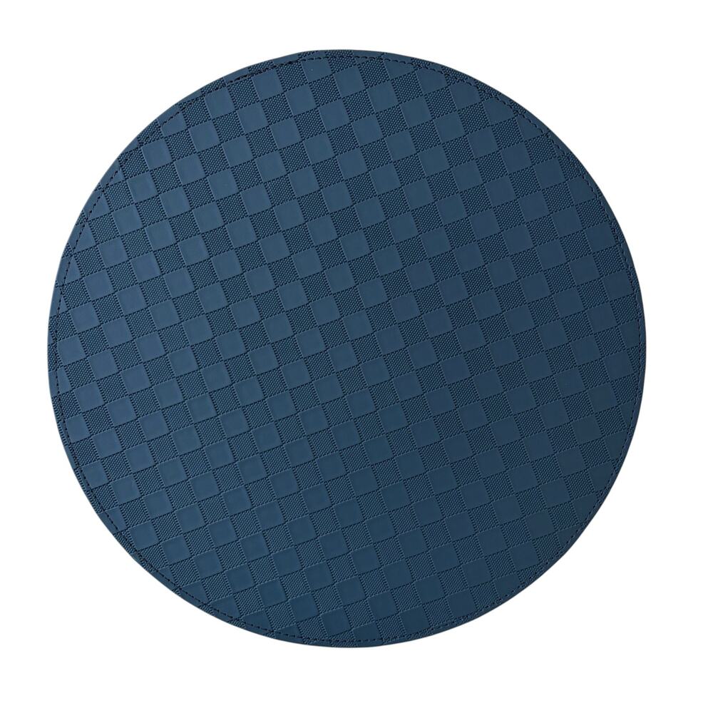 NEW Mackenzie-Childs Indigo Check Faux Leather Placemat 15in Round Navy Blue
